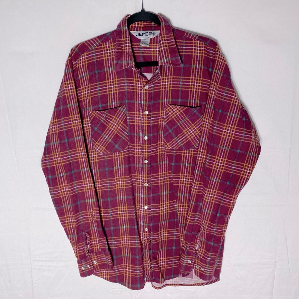 Vintage Jemcor Burgundy Yellow Plaid Flannel Long Sleeve Pearl Snap Casual Shirt